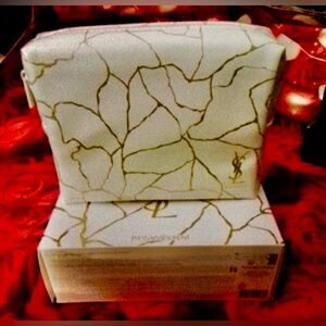 Yves Saint Laurent White & Gold Marble Pattern Makeup Case with Box GWP NWB